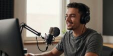 ElevenLabs review: What years of daily use taught us Man wearing headphones and speaking into a microphone at a computer, representing audio creation, voiceover work, and AI voice production.