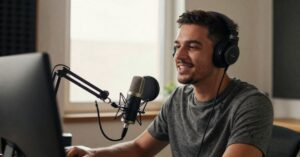 Man wearing headphones and speaking into a microphone at a computer, representing audio creation, voiceover work, and AI voice production.