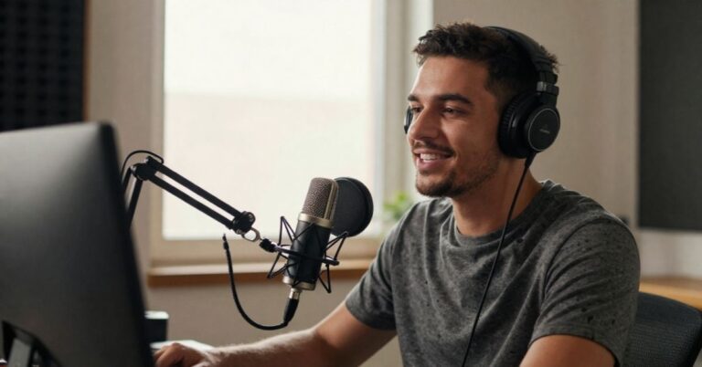 Man wearing headphones and speaking into a microphone at a computer, representing audio creation, voiceover work, and AI voice production.