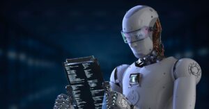 Futuristic humanoid robot reading code on a transparent digital screen.