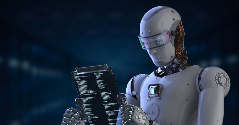 Futuristic humanoid robot reading code on a transparent digital screen.