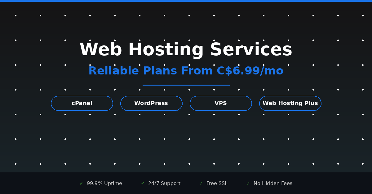 Graphic promoting web hosting services with reliable plans from C$6.99 per month, showing hosting options for cPanel, WordPress, VPS, and Web Hosting Plus, plus benefits like uptime, support, SSL, and no hidden fees.