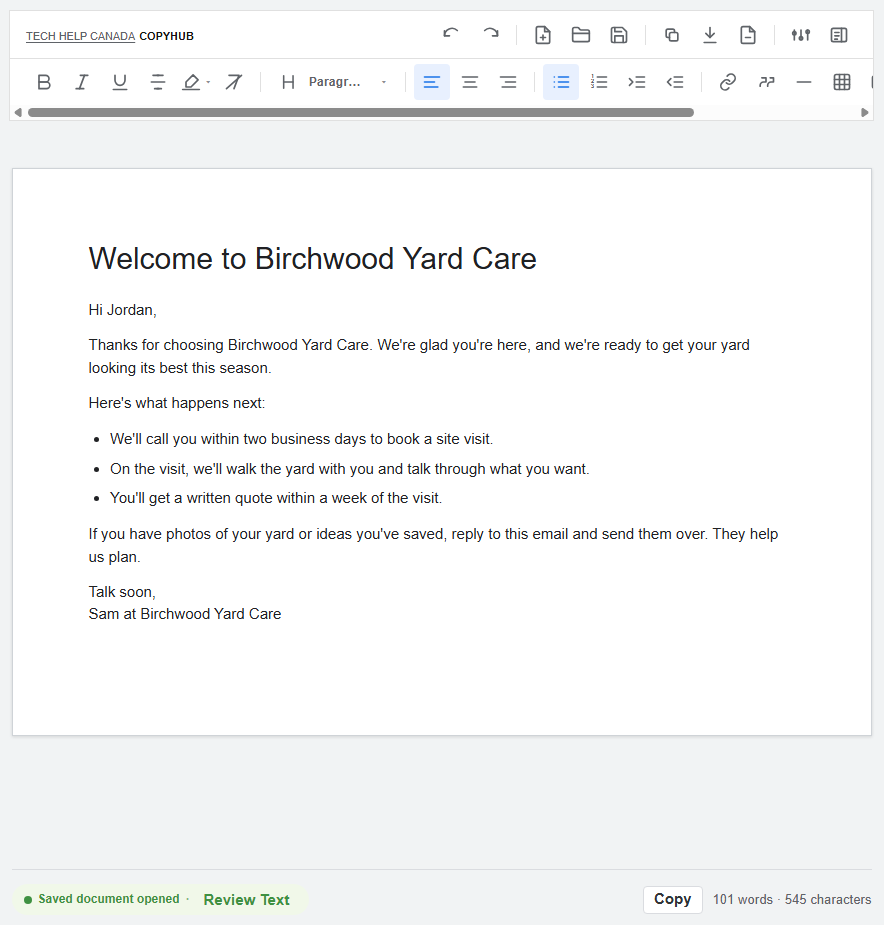 CopyHub editor with a sample welcome email, the formatting toolbar and the word count