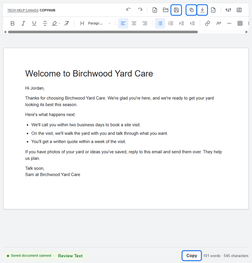 Finished draft in the CopyHub editor with the Save, Copy and Export buttons outlined