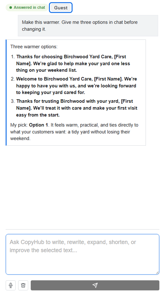 CopyHub chat panel with the Guest badge outlined in the status area