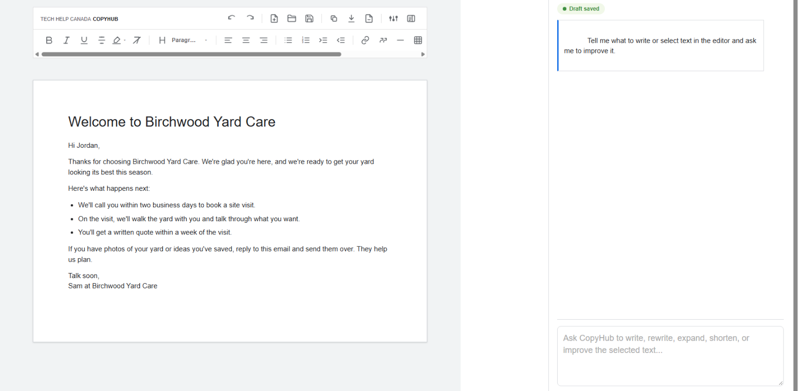 CopyHub workspace while logged in, with no Guest badge in the chat panel