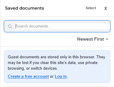 Saved documents panel notice explaining that guest documents are stored only in this browser