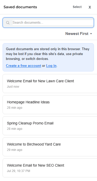 CopyHub Saved documents panel in guest mode listing several guest documents