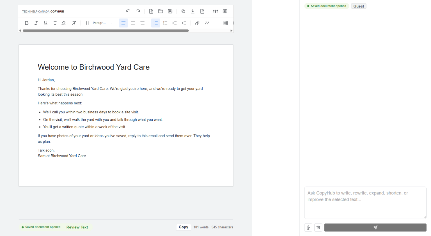 CopyHub guest workspace with a saved draft open in the editor