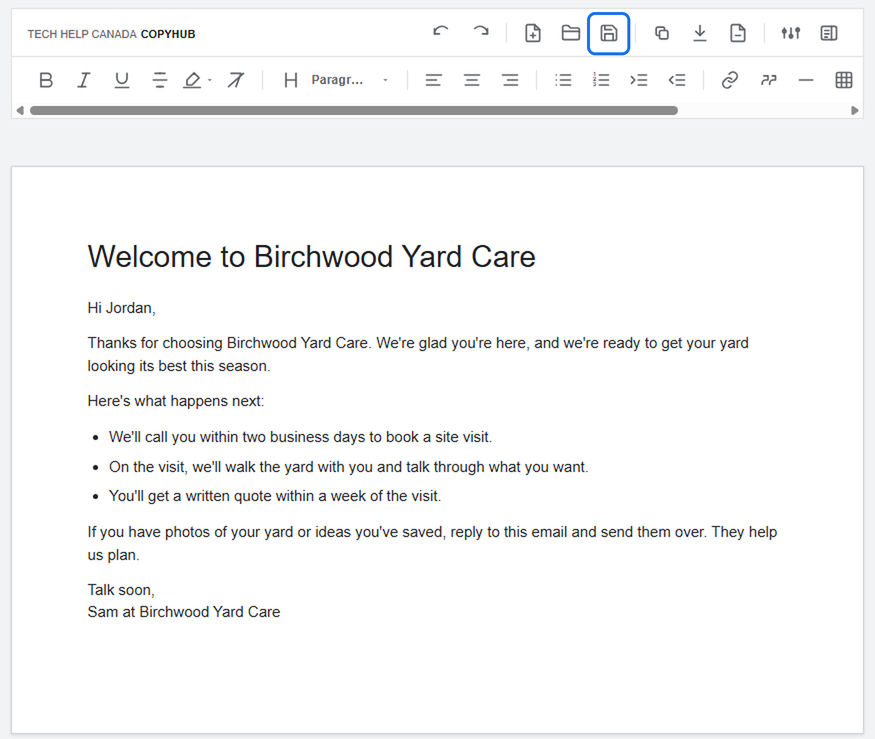 Pasted draft in the CopyHub editor while logged in, with the Save button outlined