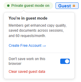 CopyHub Guest badge menu with the Don't save work on this browser toggle turned on