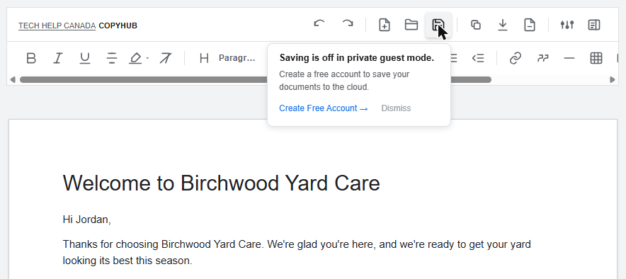 CopyHub warning that saving is off in private guest mode