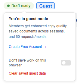 CopyHub Guest badge menu showing the Clear saved guest data option