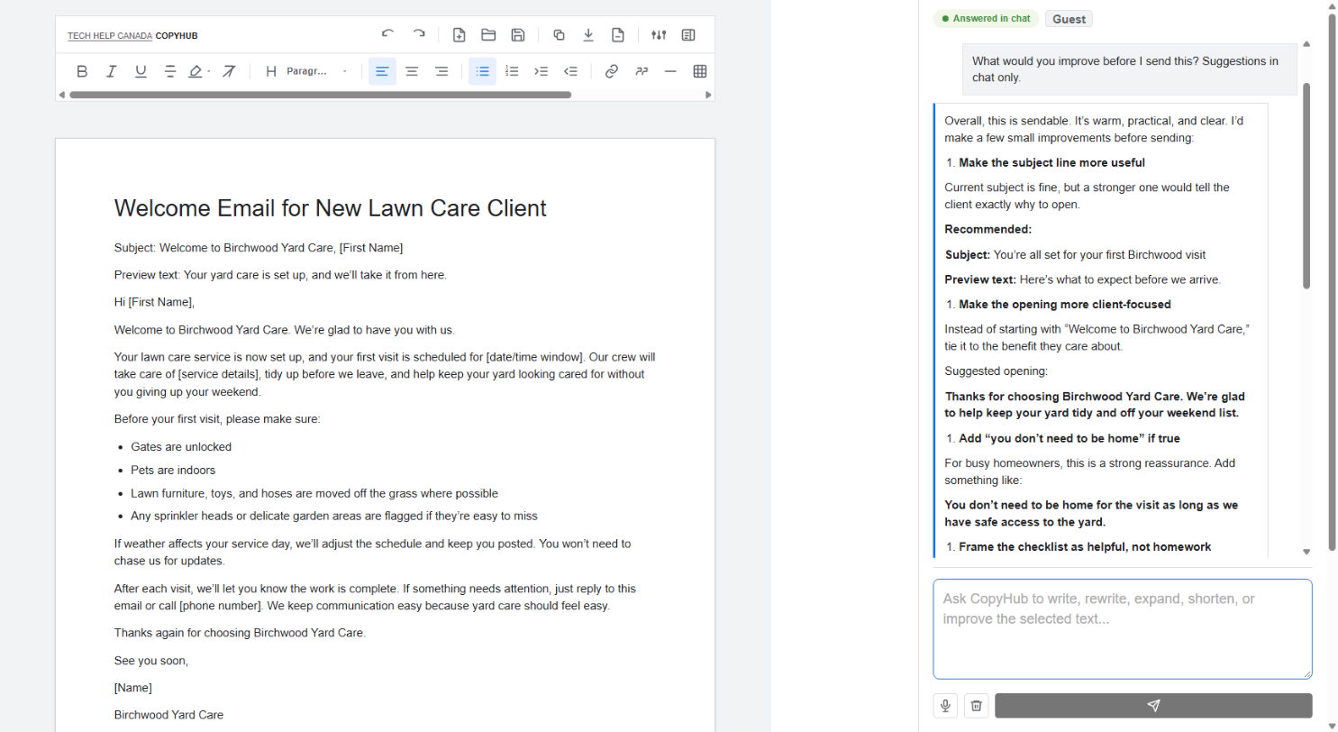 CopyHub chat reply with suggestions while the email draft in the editor stays unchanged