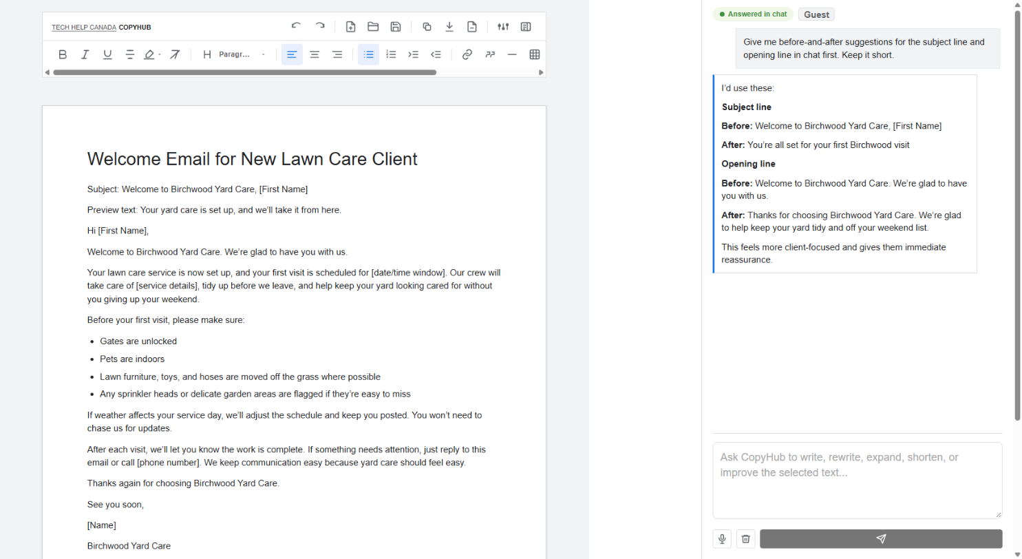 CopyHub chat showing before-and-after suggestions for a subject line and opening line, with the draft unchanged