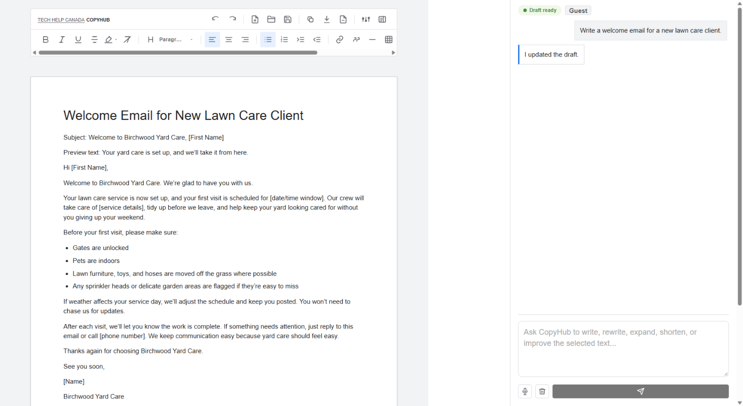 Prompt in the CopyHub chat and the resulting welcome email draft in the editor