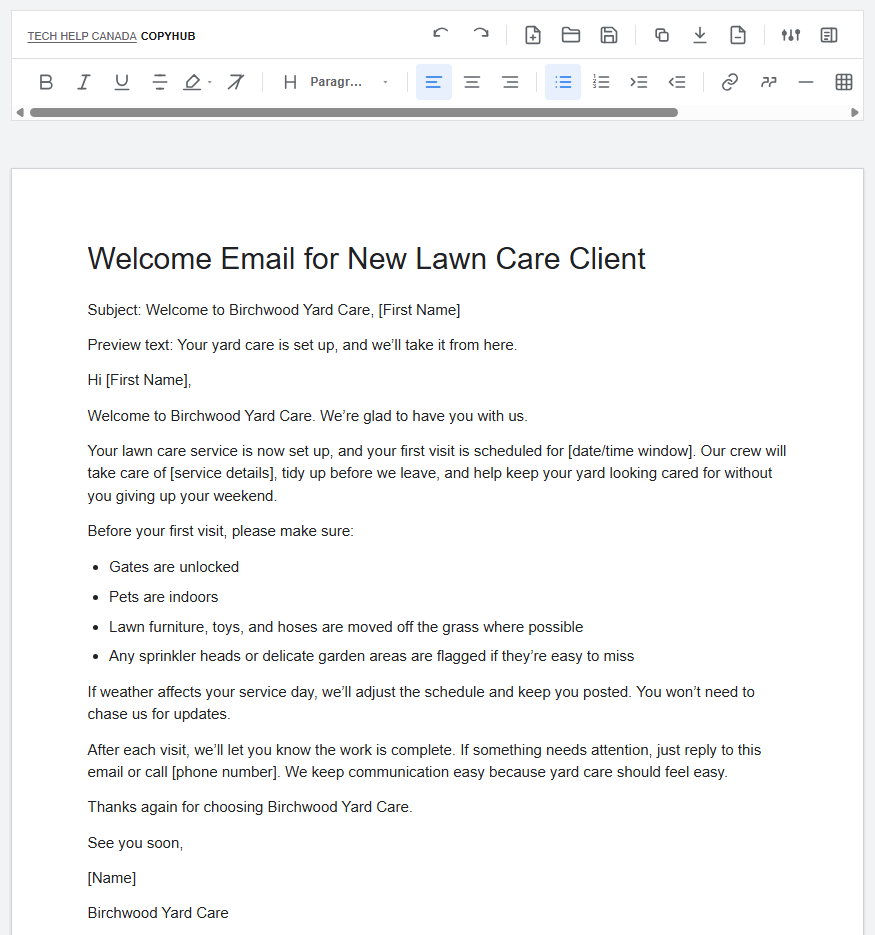 CopyHub editor showing a finished welcome email draft