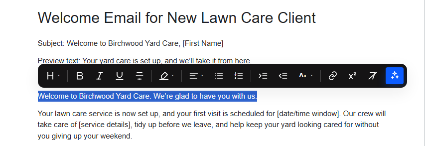 Highlighted paragraph in the CopyHub editor with the floating selection toolbar above it