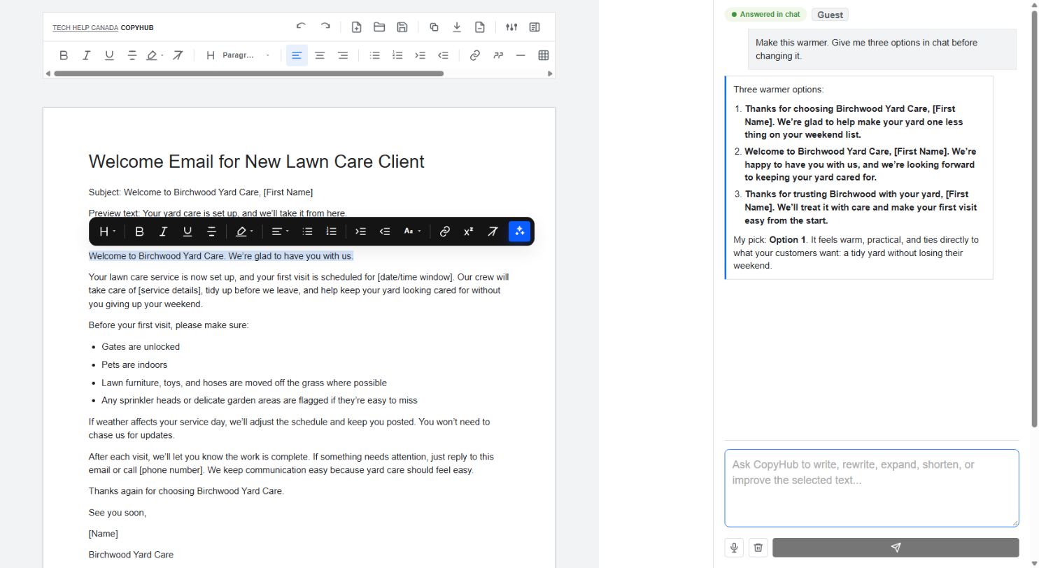 CopyHub chat offering three rewrite options for the selected text before any change is applied