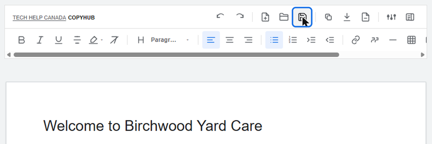 CopyHub editor toolbar with the Save button outlined