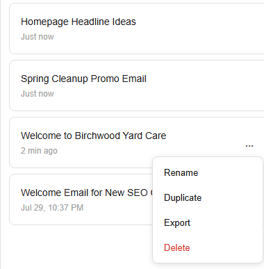 Saved document menu in CopyHub with Rename, Duplicate, Export and Delete