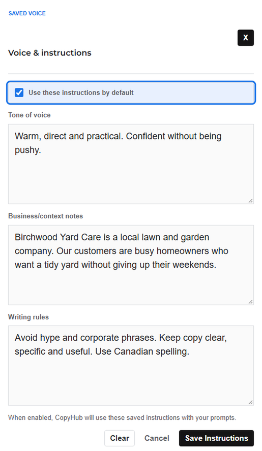 CopyHub Voice and instructions panel with Use these instructions by default turned on