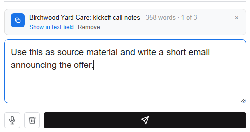 Long pasted text collapsed into a chip above the CopyHub chat box, with an instruction typed below