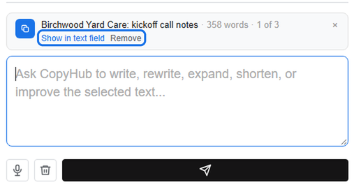 Long-paste chip in CopyHub with the Show in text field and Remove options outlined