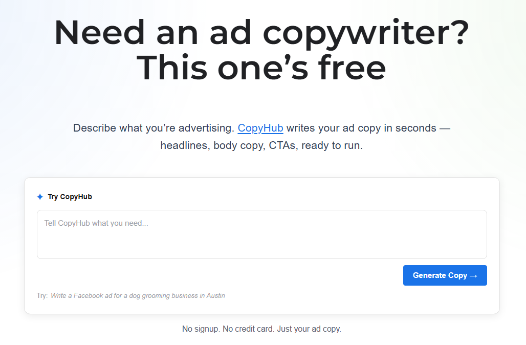 CopyHub Lite card on a landing page with a prompt box and Generate Copy button