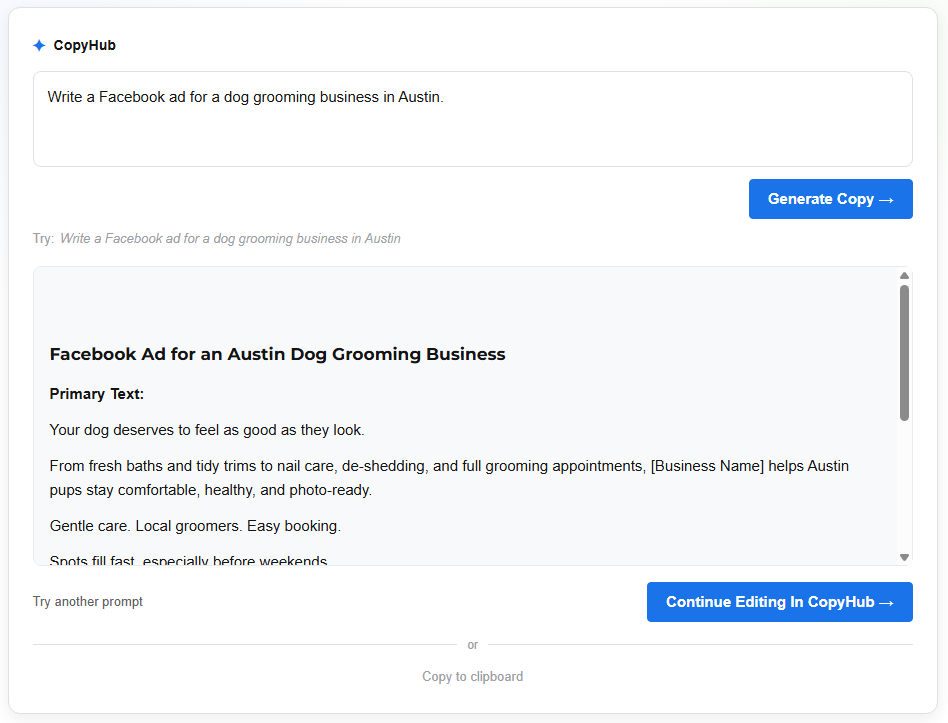 CopyHub Lite showing generated ad copy with Continue Editing in CopyHub and Copy to clipboard