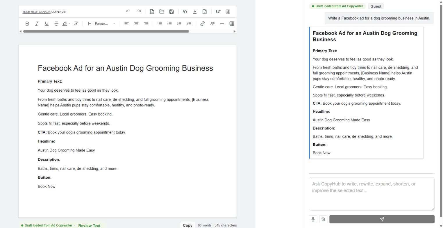 Full CopyHub workspace after continuing from CopyHub Lite, with the ad copy in the editor