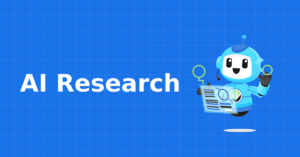 AI research graphic featuring a blue robot holding research documents and magnifying glasses against a blue grid background.