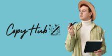 How to edit selected text with CopyHub Graphic with a teal background, the text “CopyHub” on the left, a pen-style icon, and a person on the right holding a notebook and pipe.
