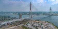 Aerial view of the Gordie Howe International Bridge connecting Windsor, Ontario, and Detroit, Michigan.