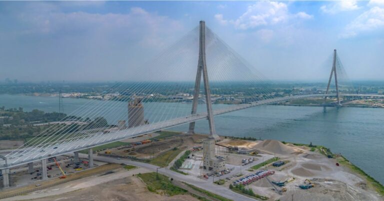 Aerial view of the Gordie Howe International Bridge connecting Windsor, Ontario, and Detroit, Michigan.