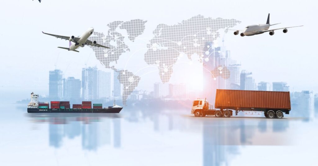 Global trade and logistics graphic showing planes, a cargo ship, and a transport truck over a world map.