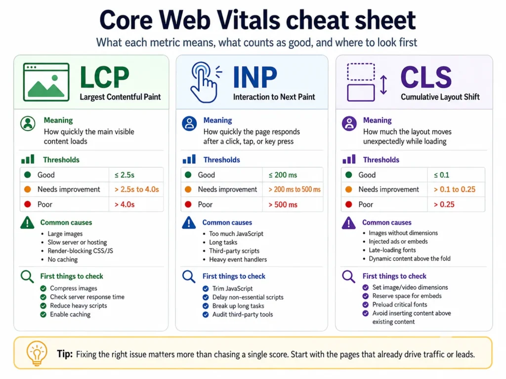Core Web Vitals cheat sheet showing LCP, INP, and CLS thresholds, common causes of poor scores, and first checks to perform.