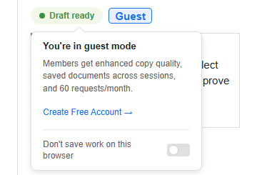 CopyHub guest mode message explaining guest request limits and the option to create a free account for more requests and saved documents.