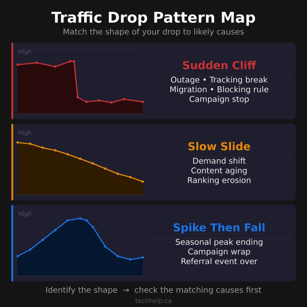 Three traffic drop patterns showing sudden cliff, slow slide, and spike then fall with likely causes for each decline type