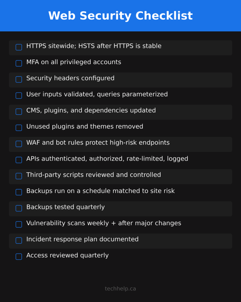 Web security checklist covering HTTPS, MFA, security headers, software updates, backups, vulnerability scans, access reviews, and other website security practices.
