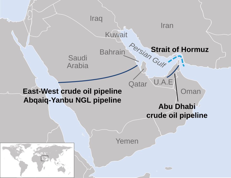 Map showing Saudi Arabia’s East-West crude oil pipeline to Yanbu and the Strait of Hormuz