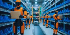 Humanoid robots handling packages inside an automated warehouse.