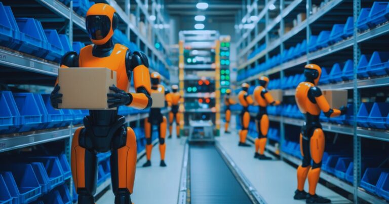 Humanoid robots handling packages inside an automated warehouse.