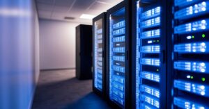 Rows of illuminated server racks inside a modern data centre.