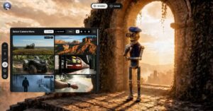Autodesk 3D Editor interface showing a robot character and selectable camera-move options in an AI-assisted production workflow.