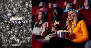 Avengers: Endgame Encore poster beside a movie theater audience watching a film.