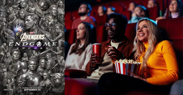 Avengers: Endgame Encore poster beside a movie theater audience watching a film.