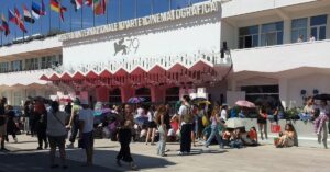 Entrance to the Venice International Film Festival with crowds gathered outside
