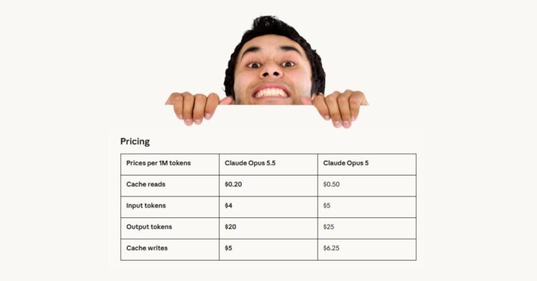 Claude Opus 5.5 and Opus 5 API pricing comparison showing lower input, output, cache read, and cache write costs.