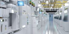 CXMT starts mass production of fifth-generation DRAM platform Modern semiconductor fabrication facility with rows of automated chip manufacturing equipment.